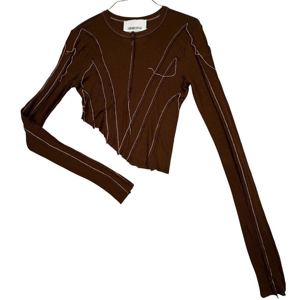 Sami Miro Vintage Asymmetrical Ribbed‎ Crop Top Brown Women's L